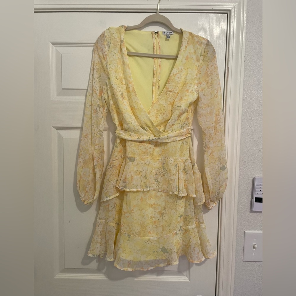 Pastel Light Yellow Floral Wrap Ruffle Dress